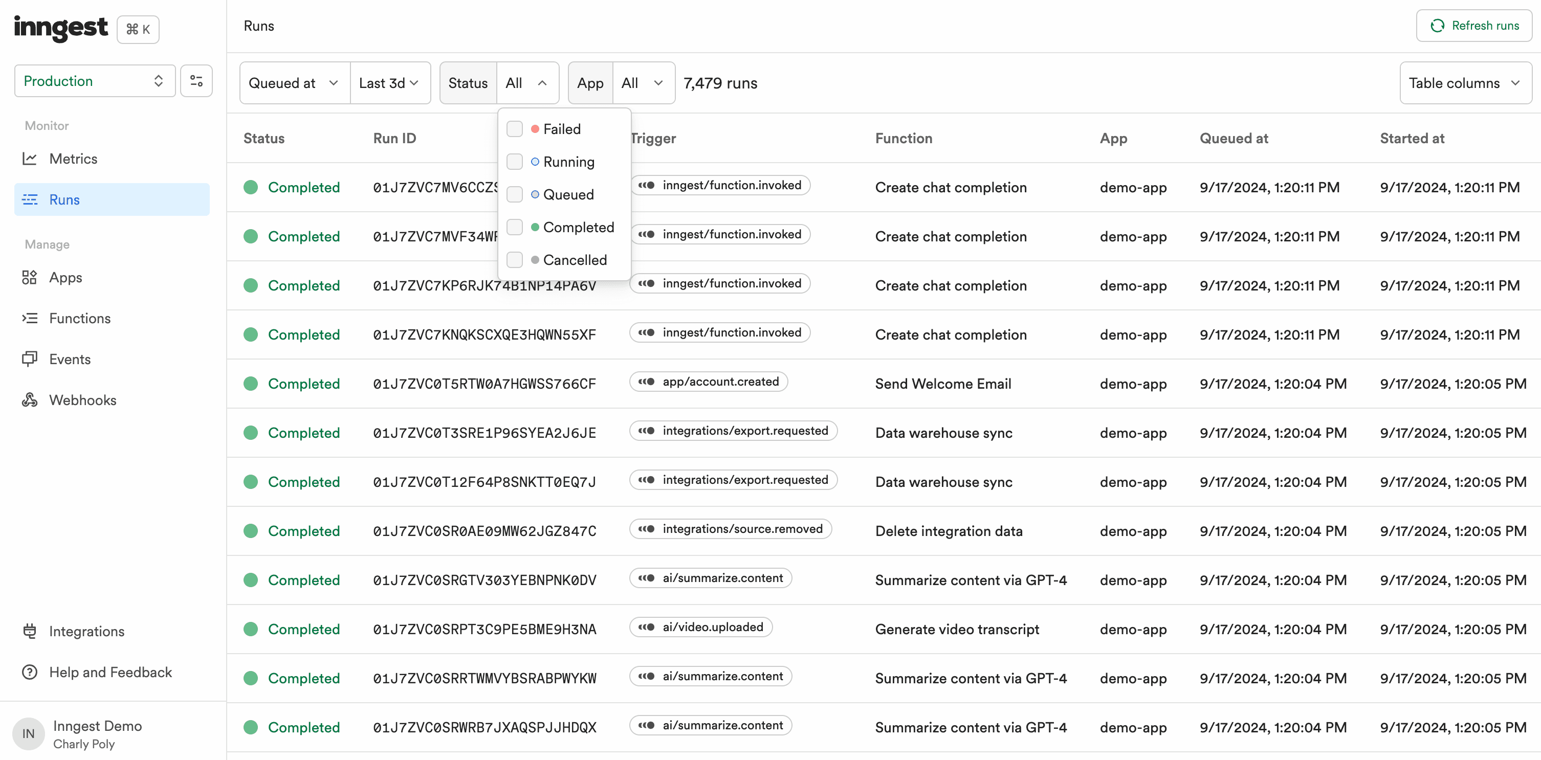 Function runs list showing recent executions in the Inngest Dashboard